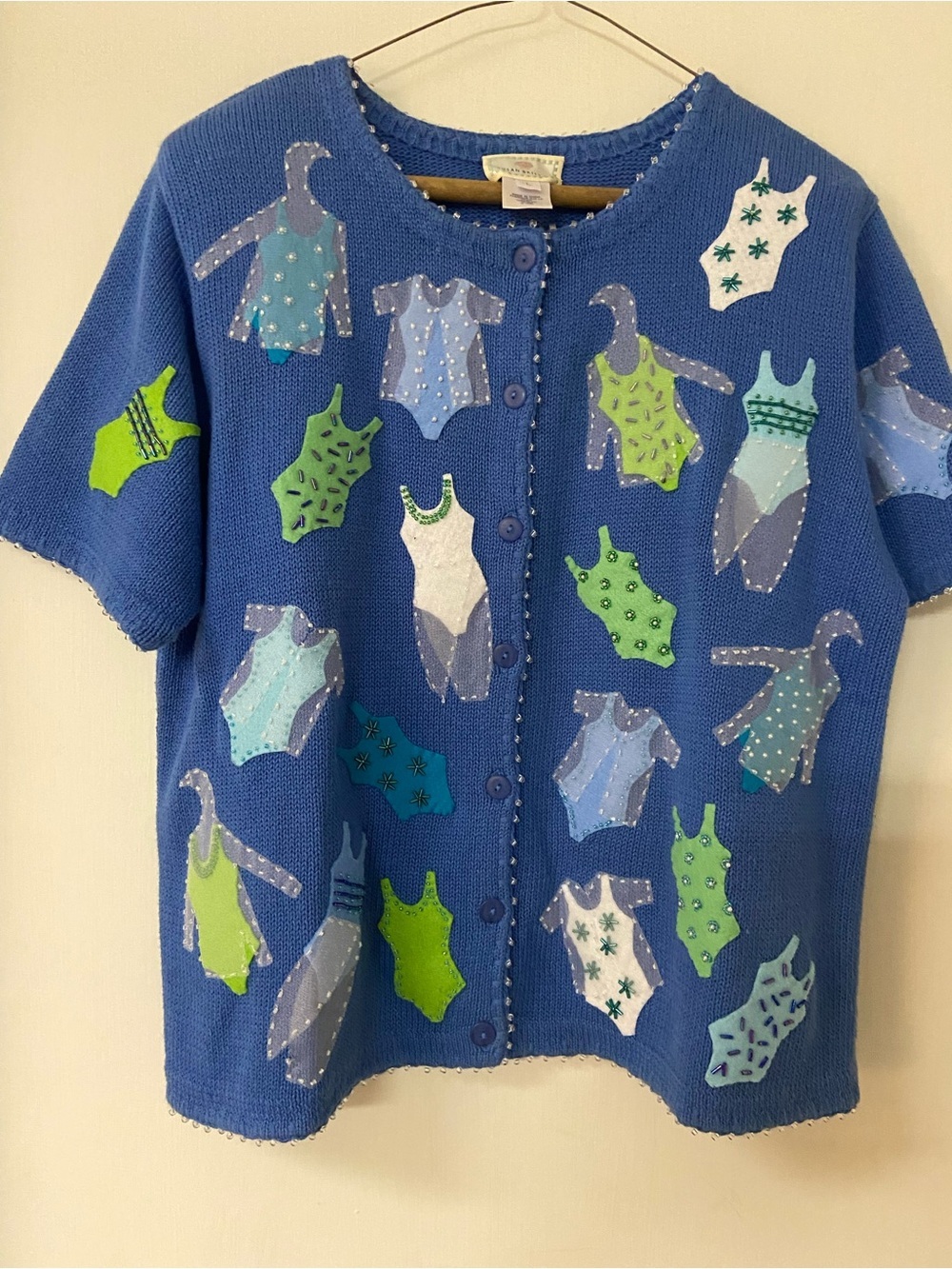 VTG SUSAN BRISTOL NOVELTY Short Sleeve Swimsuits HAND EMBROIDERED KNIT SWEATER L